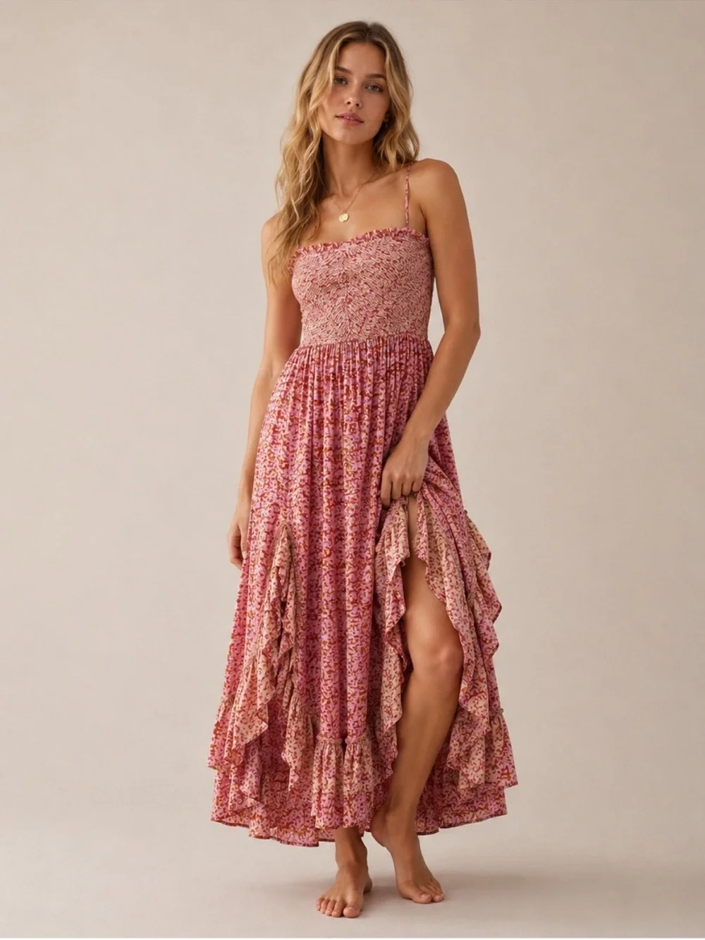 Free People One I Love Dress in Caramel Combo Pink and Tan Maxi Ruffle Hem